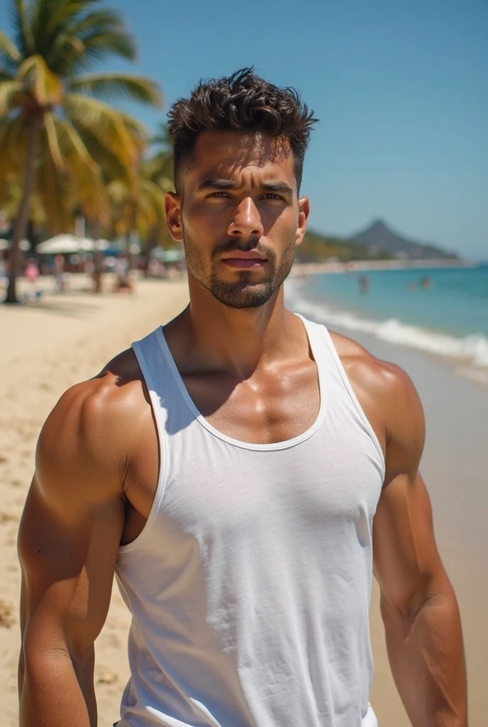 Realistic photography, 8k , handsome young muscular chinese man, wearing a black tank top , black thong underwear, huge bulge, beach