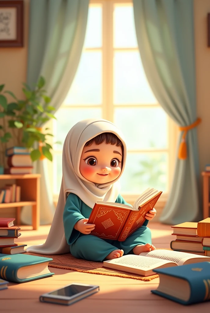 Classroom, Muslim woman, white long-sleeved shirt, long blue skirt, white headscarf, reading a book, chair,