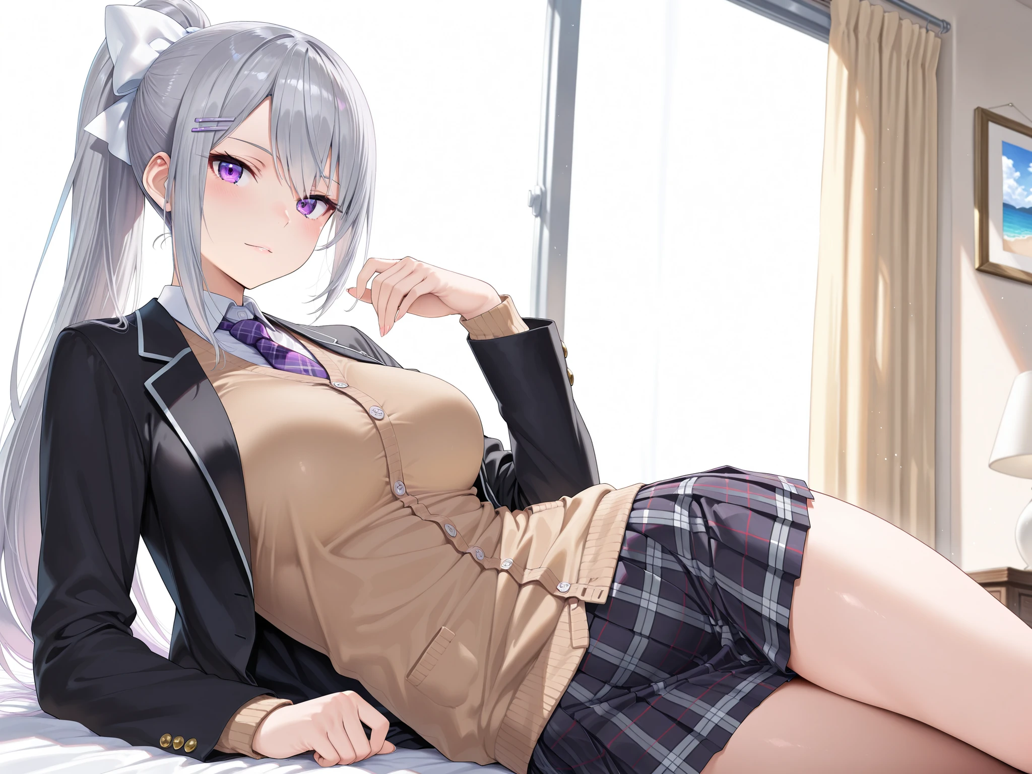 solo,masterpiece,best quality,super fine illustration、finely detail 、clear picture、UHD、HDR, amazing quality, highres, absurdres, very aesthetic, high resolution, ultra detailed, perfect details,nijikaede,purple eye,grey hair,long eyelashes,long hair,ponytail,white bow,hair pin,nijikaedecos,white shirt,purple necktie,plaid necktie,brown cardigan,button cardigan,blazer jacket,black jacket,open jacket,miniskirt,pleated skirt,plaid skirt,tsurime,medium breasts,look at viewer,mature female, (masterpiece, detailed:1.2)