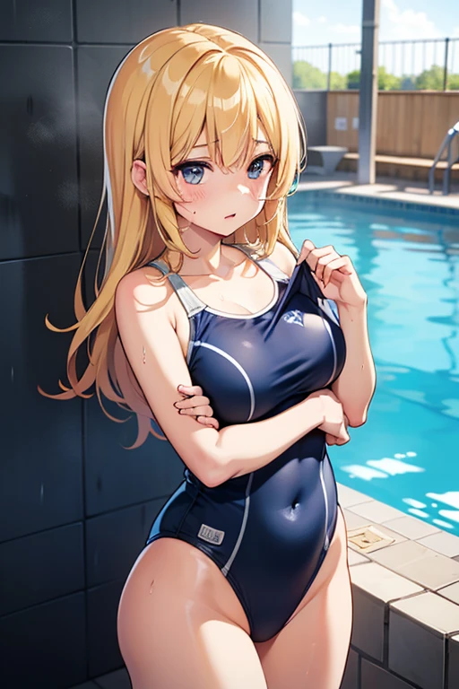 aikatsu,masterpiece, highest quality, ((beautiful be familiar with eyes):1.3), 10 years old, blue eyes, blonde hair,straight hair, leg hair ribbon, red headband,big_tits, ((タイトでブリリアントな光沢のある競泳water着:1.2, plunging neckline, belly button pops out, cleavage)), ((It's a very delicate and beautiful fabric.):1.3), looking at the viewer, ((sculpture pose, crossed arms, under the chest)), fascinating_orgasm smile, blush, thin, slim, (indoor pool, pool lane, swimming pool, competition pool, pool starting blocks, water泳棟, water, water surface, daytime, window, sunlight, (to the pool):1.2), very clear, ((masterpiece, highest quality, ultra-be familiar with):1.5), ((very delicate and beautiful)), ((((figure)))), (realistic:0.6), (extremely be familiar with skin), ((ultra-be familiar with:1.35)), (be familiar with_pussy:1.2), (be familiar with_nipple:1.2), be familiar with fingers, disorganized, Complex, (1 girl), ((alone)), ((glowing skin)), (((oily skin))), ((wet skin)),