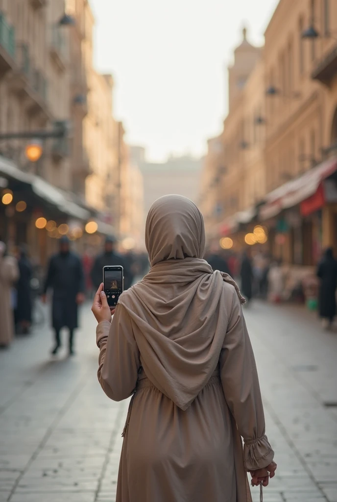 a hijabi girl taking his hands photo while she have i phone on his hand in istanbul famuse plases. Realistik 4k