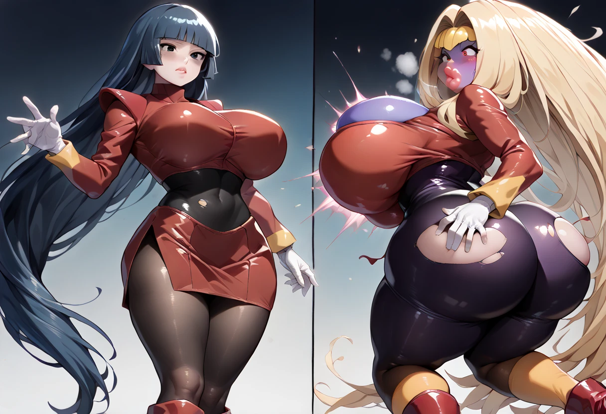 anime characters in blue and red outfits stand next to a purple balloon, azur lane style, biomechanical oppai, from the azur lane videogame, thicc, gynoid body, characters from azur lane, nanogirlv 2, oppai cyberpunk, oppai, anime maids riding early tanks, vrchat, ecchi anime style, twintails
