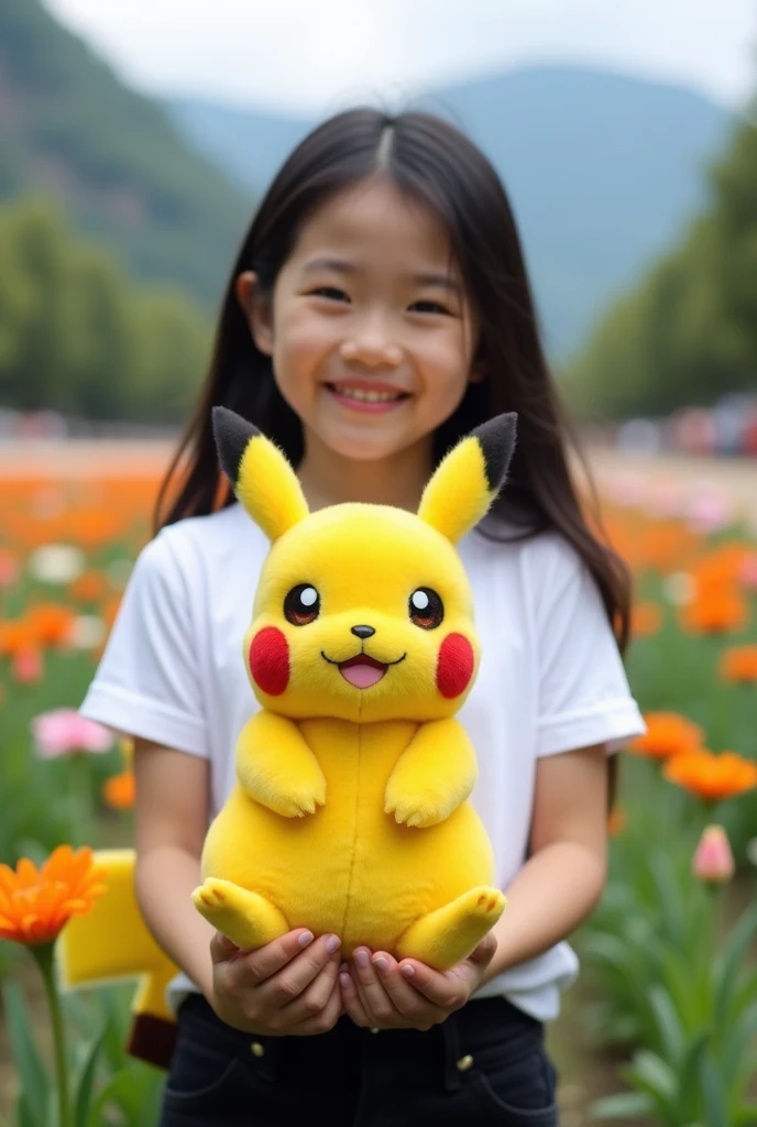 A 7-year-old Indonesian girl is hugging Pikachu in a vast flower garden. Realistic. HD.
