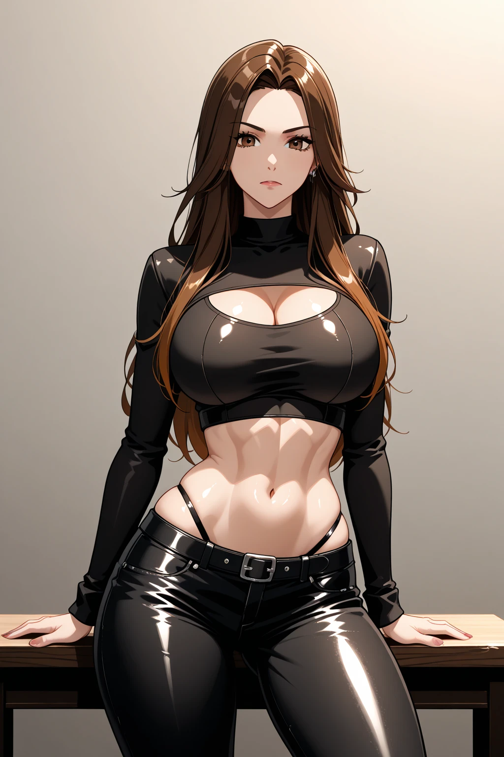 Mia Khalifa, high quality, (photorealistic:1.1), realistic, 8k, highres, fine light, studio lighting, standing, portrait of a girl, dance pose, black legging, tight pants, bare shoulders, crop top, black gloves, beautiful face, beautiful eyes,