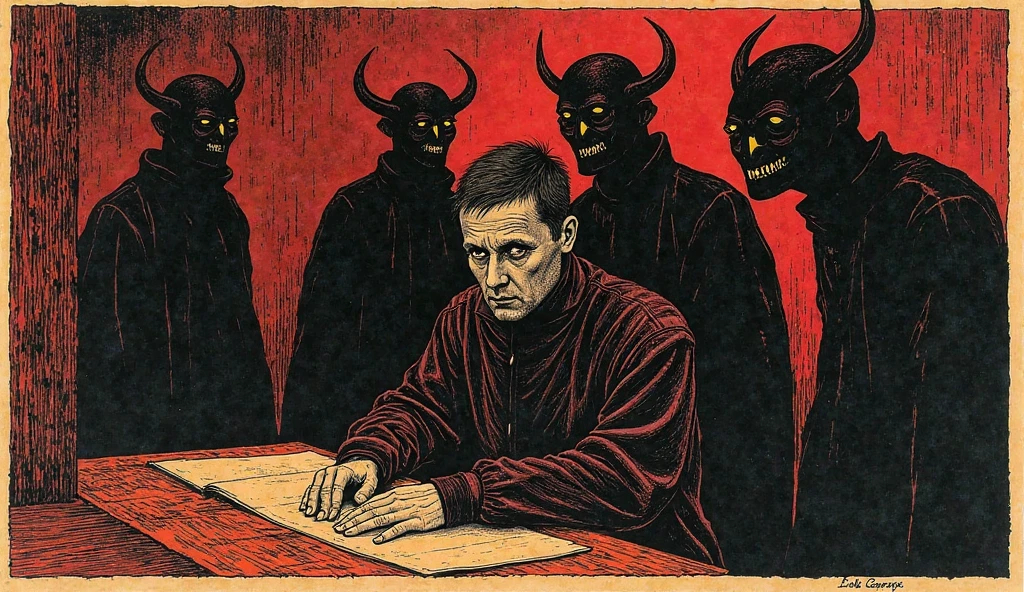 painting of a contract with the devil signed in blood, two: a man and a devil, dark atmosphere, cinematic scene, volumetric lights, ultra realistic, in the style of nicola samori