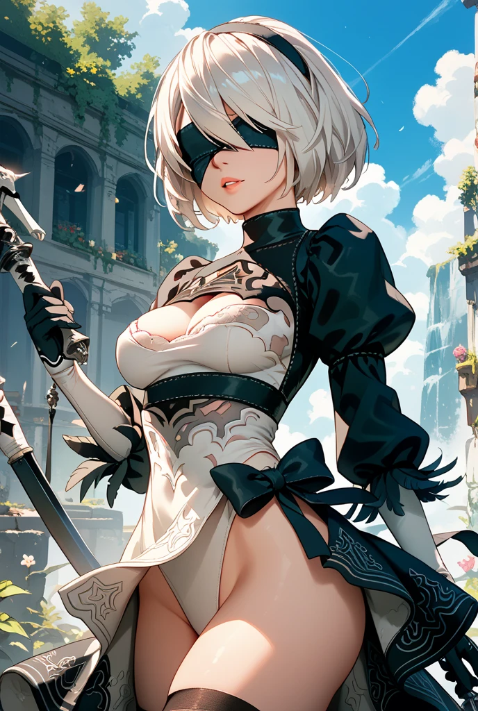 Anime girl with sword and black outfit posing for a photo、2B Nier オートマトン、Nier:Automaton Inspired、Nier オートマタ インスパイア、Nier オートマタの 2 B、Nier オートマタの 2b、2 b、Nier インスパイアー、Nier 2 b、Bad anime 8k、Nier、Female Assassin、8k high quality detailed art