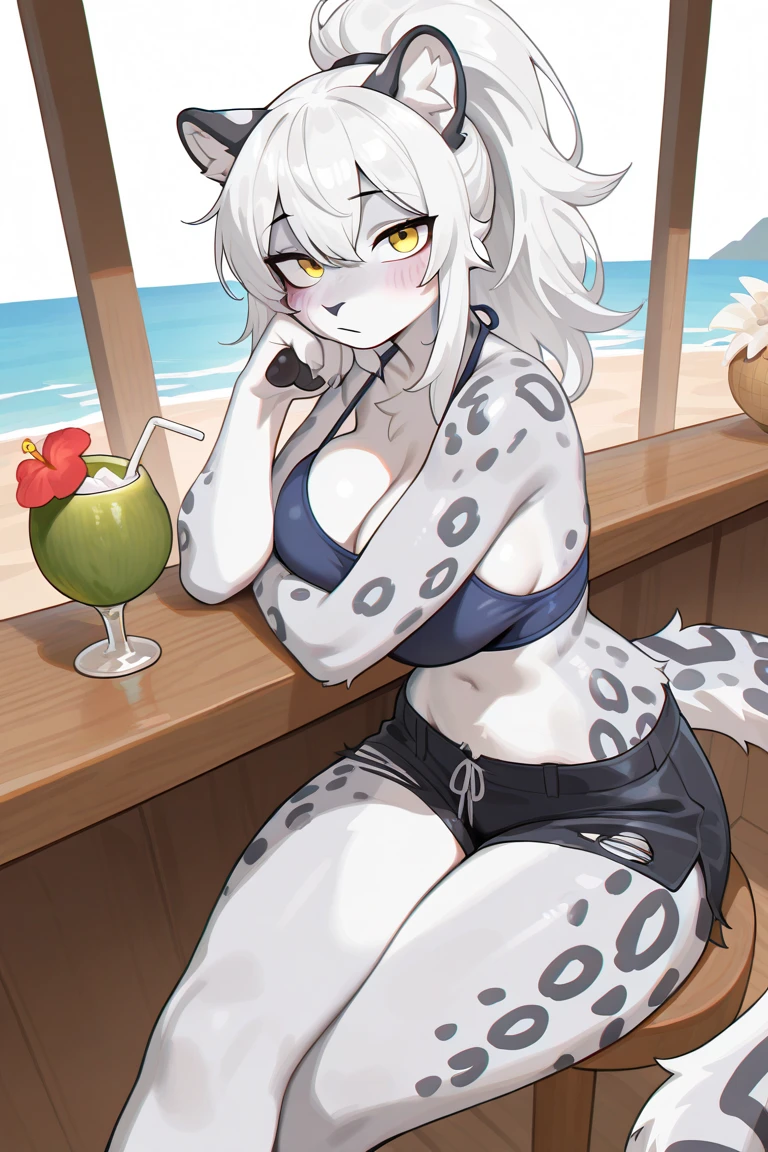 black dragon, more_details:-1, more_details:0, more_details:0.5, more_details:1, more_details:1.5, 1girl, solo, female, dragon, scalie female anthro, black scales, orange eyes, medium breasts, blushing, fullbody, realistic skin texture, detailed sharp scales, curvy, white head spikes, short muzzle, big tail, black body, digital art, high quality, masterpiece, looking at viewer, lean, black hair, beach, beach bar, drinks on table, sitting next to table, bikini, crossed legs, cleavage overflow,