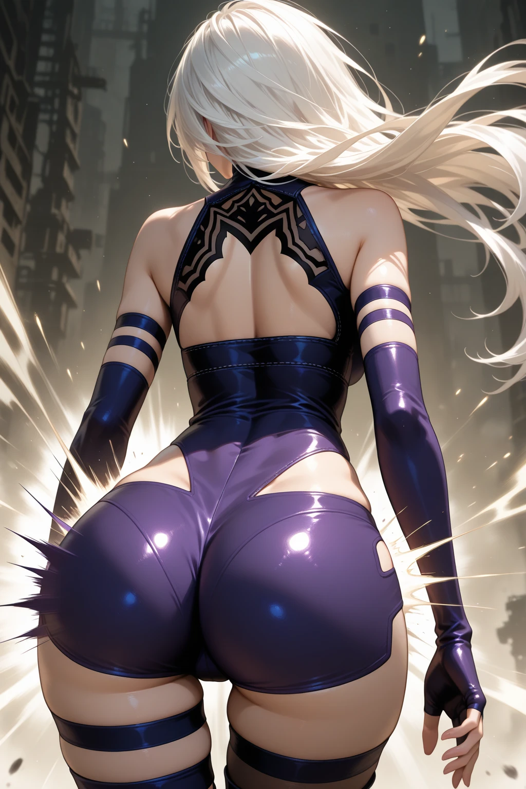 best qualityer,shining skin,1 woman in her 30s,Beautiful woman jpn,villain,(femdom),(whole body), ((hip tattoo)),silver blonde,(high ponytail),eyes browns,breasts big,big-ass,(chubby body type),((from behind)),((coast sitting)),((crawl on all fours)),((hip focus)), (focus on thighs),((black and purple bikini )),((small black and purple military hat)),((purple and red leather high boots) ),show your shoulder,angry smile,five toes,shining skin,(prison),natta,
