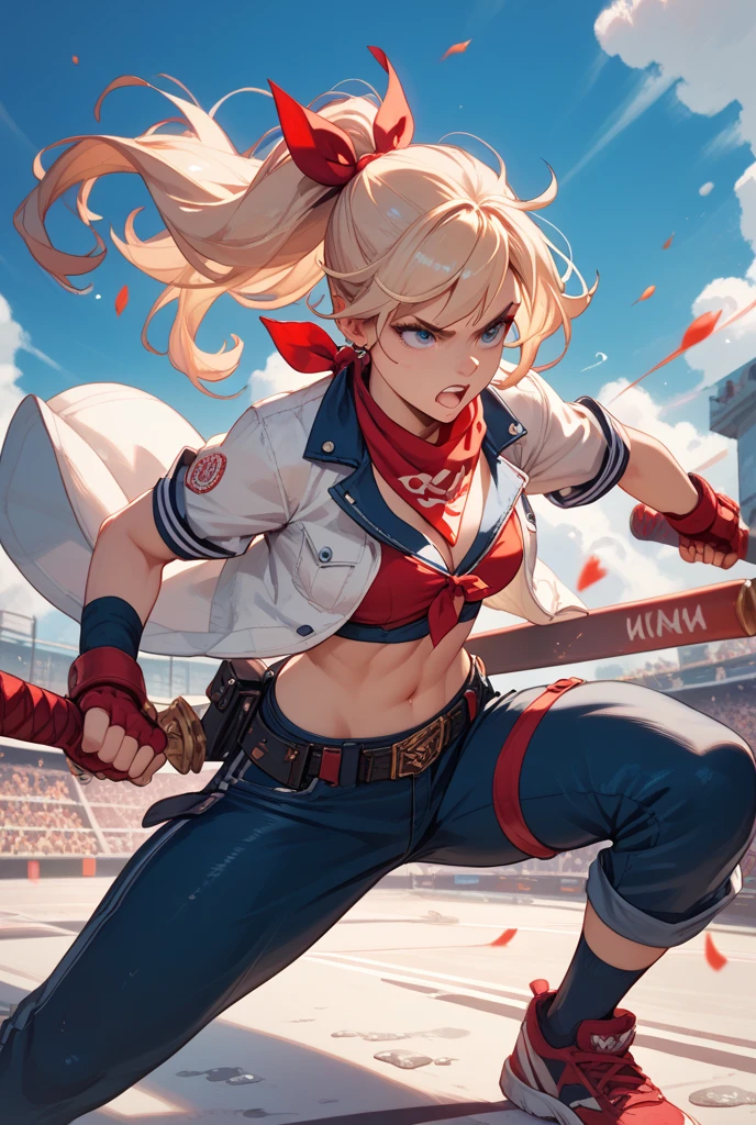 1girl, medium breasts, batting stance, baseball bat, from side, cowboy shot, looking down, evil mean grin, night cityscape, closed mouth, masterpiece, best quality, very aesthetic, absurdres