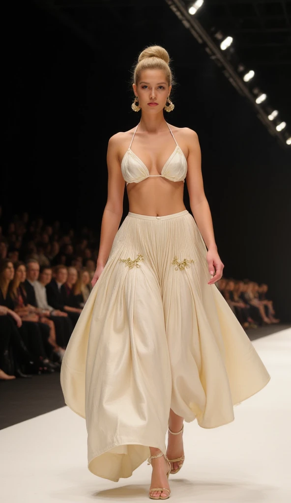 Blonde Hair, green-eyed, wheat-skinned, slim but full body, oval-faced, heart-lipped, small and flat-nosed, curved eyebrows, round and wide hips, 1 smiling female , super delicate , ((Best Quality, 8k, Masterpiece)) , ((Foto RAW)) , In the audience at a fashion show.