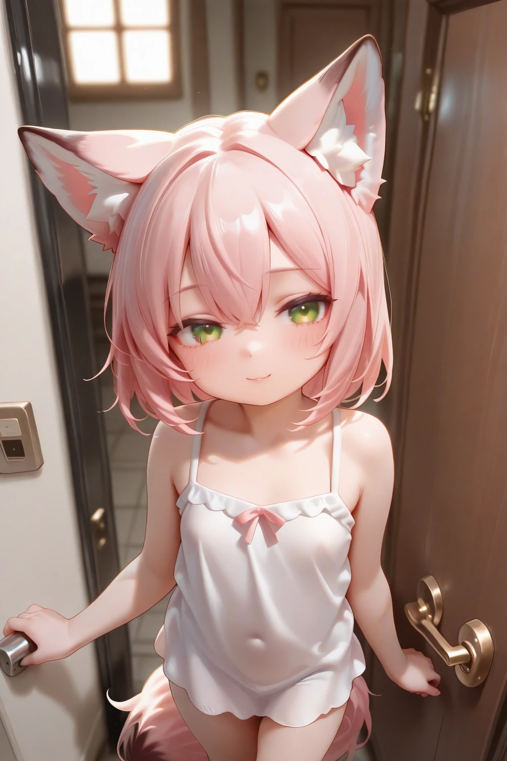 <lora:make25d_type5_v100:1>
insanely detailed, absurdres, ultra-highres, ultra-detailed, best quality,
1girl, solo, nice hands, perfect hands
BREAK
(nipples:-1), (pink and white theme:1.5), (fake pink cat ears:1.4), (tweed pink strapless short camisole with lace-up:1.4), ((bare shoulder, navel, bare belly):1.3),
(shoulder strap with ruffles:1.4), (tweed micro pink tiered skirt with ruffles:1.4), (white pantyhose:1.2), (pink choker with bell:1.3),
(earrings with bell:1.2), (pink heeled pumps:1.1),
(nsfw:-1), (See-through:-1), (tail:-1), (cat:-1), (black camisole:-1), (white camisole:-1),
(black skirt:-1), (white skirt:-1), (dark color pantyhose:-1), (long skirt:-1), (sleeve:-1)
BREAK
happy smile, laugh, closed mouth,
(sitting on bed), seductive pose, cowboy shot, from below,
BREAK
slender, kawaii, perfect symmetrical face, ultra cute girl, ultra cute face, ultra detailed eyes, ultra detailed hair, ultra cute, ultra beautiful
BREAK
indoors, elegant hotel room, bedroom, window, (day:-1), (night:1.3), star, moon, cityscape, (closed curtains:1.2), girlish room,
warm lighting, moodie lighting, weak rim light, intensive shadow,
cinematic light, indirect lighting, evening light, depth of field, ultra detailed background
BREAK
large breasts, cleavage, extremely detailed navel
BREAK
grey hair, green eyes, flipped hair, hair between eyes