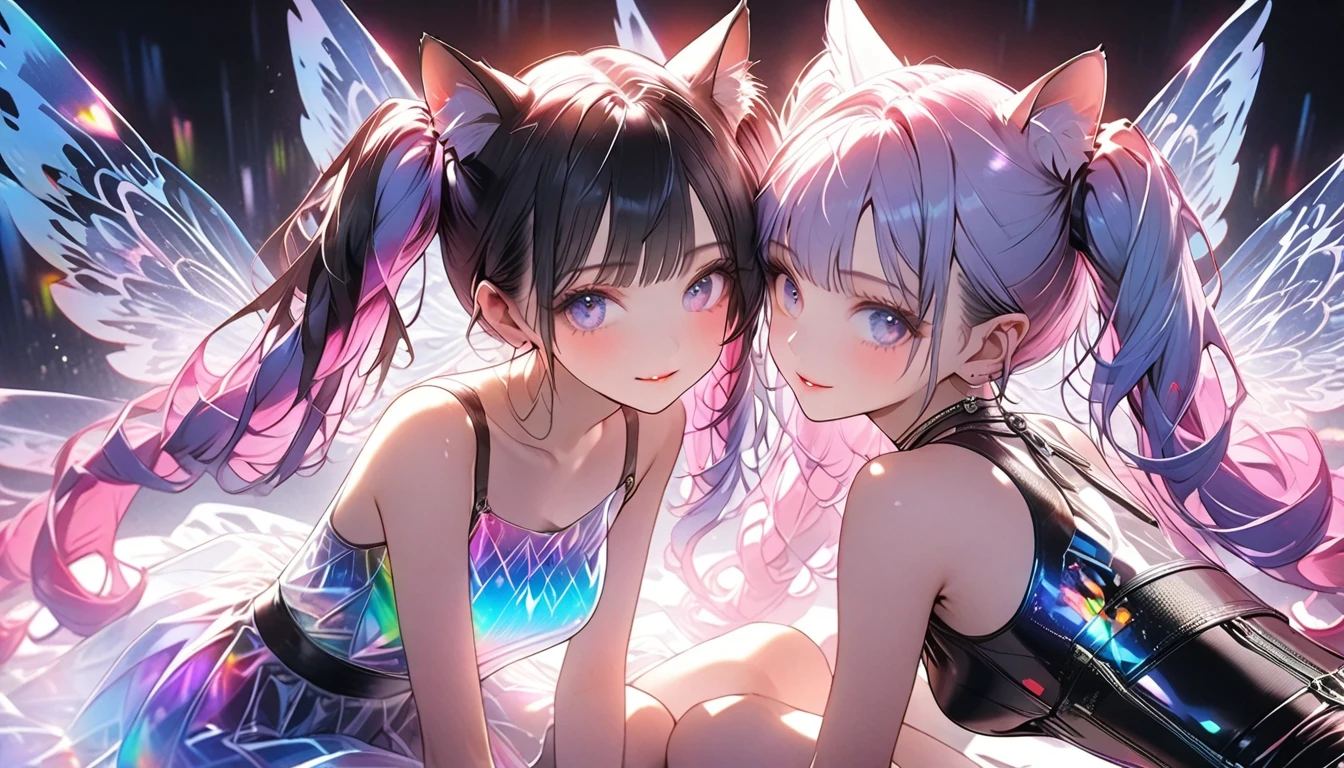 fractal sunset, infinite clouds, cute elf girl, 2 girls, extremely long neon light blue hair, cyber outfit, extreme abs, artistic style, cat ears, space tentacles, dramatic, nude, naked, no clothes, hugging, kissing, cosmic wonders, cute, transcedental magical space, beautiful girl, cute face, extreme abs, skinny, perfect body, cat ears, elf, secret laboratory, genetic experiments, naked, nude, no clothes, cyberpunk, elf girl, cat ears, neon green hair, wings, electronic wings, cute face, city, lightning strike, dramatic, bikini, cyber robot companion sphere, a cute elf girl, cute face, on a beach, lying down, cat ears, neon red and black hair, extreme abs, lens flare, beautiful scene, cluttered scene, sea shells, palm trees, ornamental, detailed, spirit animal, glowing, starlight, divine, complex scene, cluttered scene, spirit animal, divine animal, glowing ancient symbols of wisdom, neurotic, summoning circle, ritual of fertility,two beautiful skinny girls, kissing and cuddling playing together, transparent jacket, space buns,