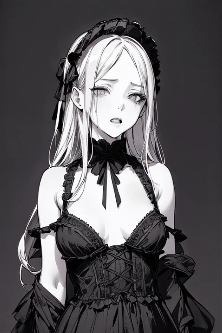 Highest quality, (Background details), High Contrast, Very beautiful girl, Small breasts、Detailed original illustrations、Gothic Lolita、（Brat）、Provocative eyes、laugh at、Provocative、functional、Delicate face、Charm、sexy、Real breasts、Head close-up, Black background, (Black background: 1.5), Beautiful line art、Monochrome