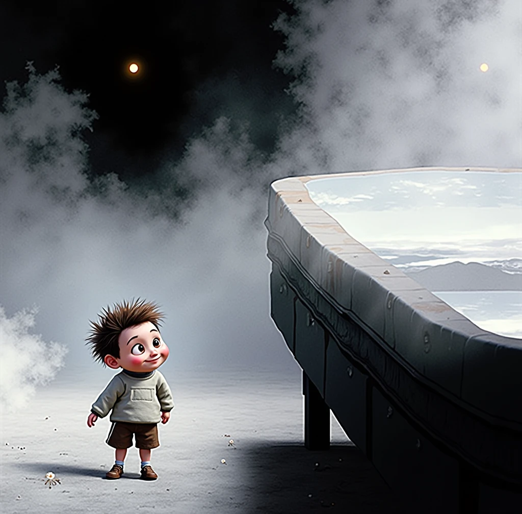 The son talked to his father, the son pointed to the footprints on the snow.