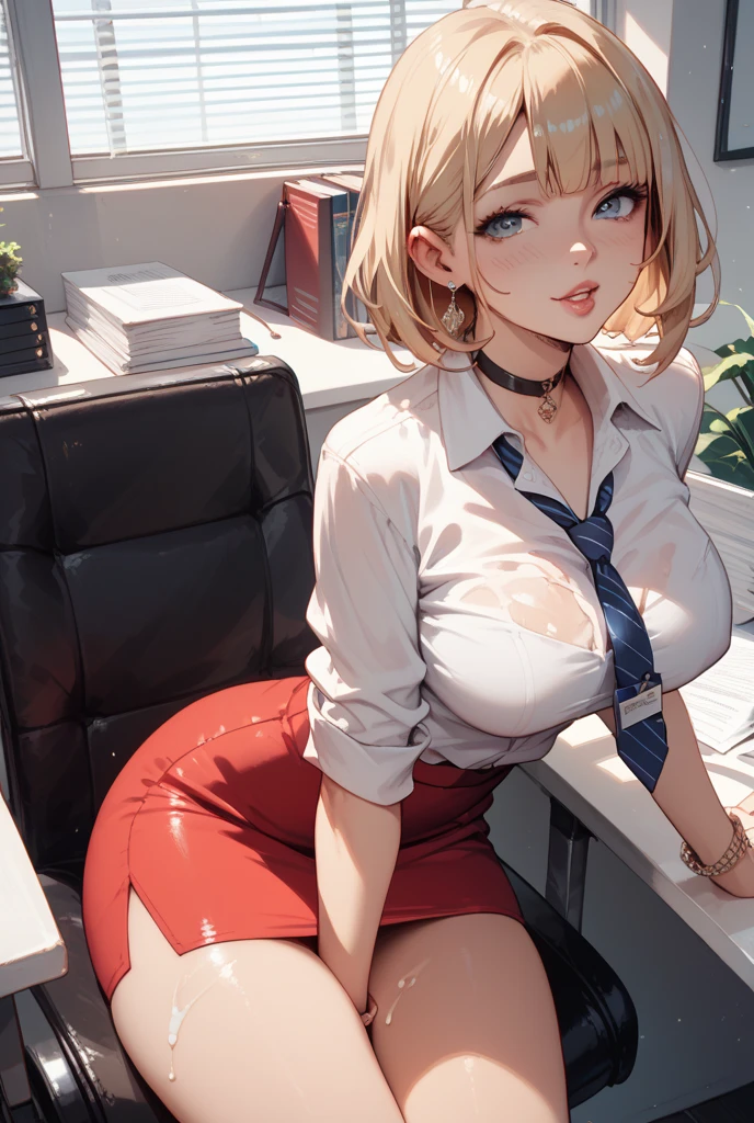 POV、(((fullnude)))、((sexually seducing))、((((Sit and spread your legs))))、((a blond))、beautiful  Girl、Large beautiful breasts、cleavage of the breast、A slender、オマンコ、((covered in cum))、(((s Office)))