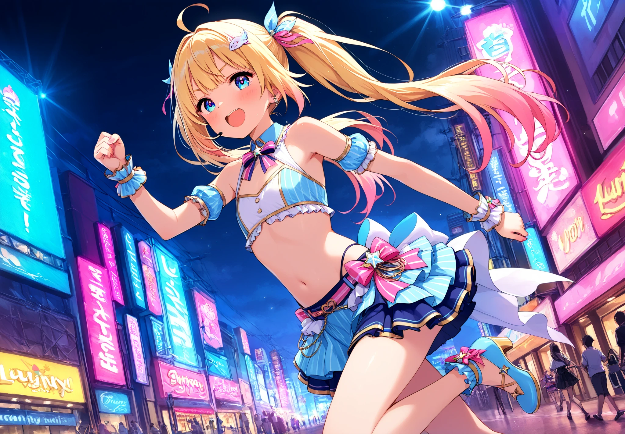 masterpiece,high quality,ultra high definition,solo,outdoors,<lora:unity_chan-10:1>unity_chan, 1girl, long hair, blonde hair, thighhighs, gloves, navel, cleavage, medium breasts, underwear, swimsuit, full body, yellow eyes, bikini, choker, midriff, belt, fingerless gloves, star (symbol),short shorts, headband, cropped jacket, star print, mismatched regwear,Thighhighs, red shorts,red pants