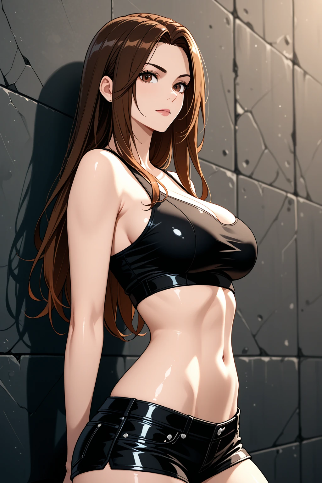 A beautiful woman with long, shoulder-length hair, big breasts, beautiful legs, and a sharp face stands on a train with a stunned expression, wearing a black tube top that exposes her navel and black panty-shaped hot pants.。
