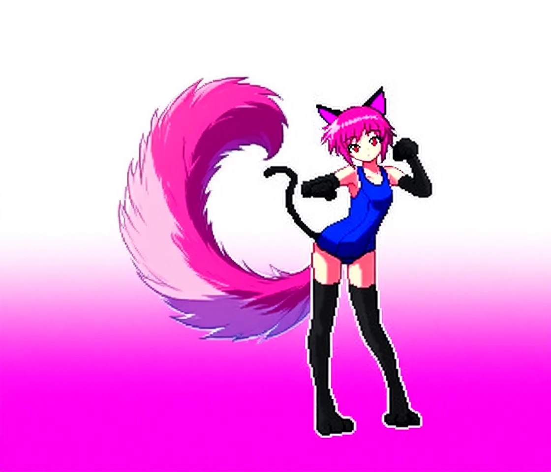 a redhead woman, very long hair falling to butt height. She is wearing a purple blouse that highlights her large breasts.. She has red fox ears, with the inside of the ears in light pink, and a red fox tail with a light pink tip. Only his left arm is completely tattooed. She has fair white skin and a slim body with blue eyes.