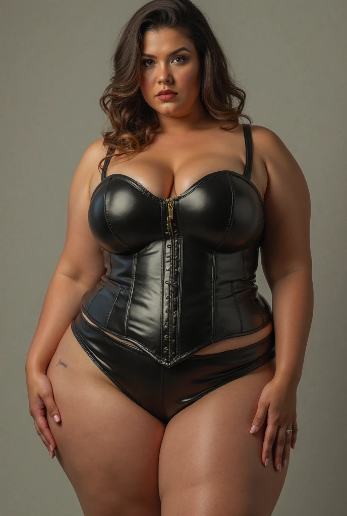 A chubby asian girl wearing skin tight leather pants licking her lips