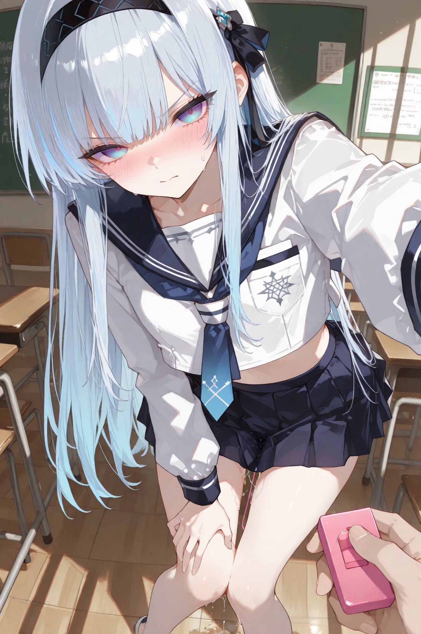 One Girl、Public toilets、Peeing in the men's restroom、Ahegao、naked、Wearing a collar、Picture seen from the side、Pee in the urinal、Look at the camera and say peace