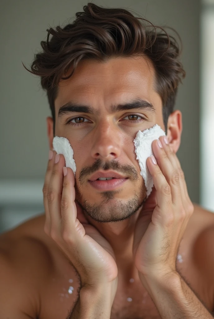 ((Best Quality)), ((Masterpiece)), (detailed), 1 handsome man receiving facial cleansing treatment, convenient, nice spa place