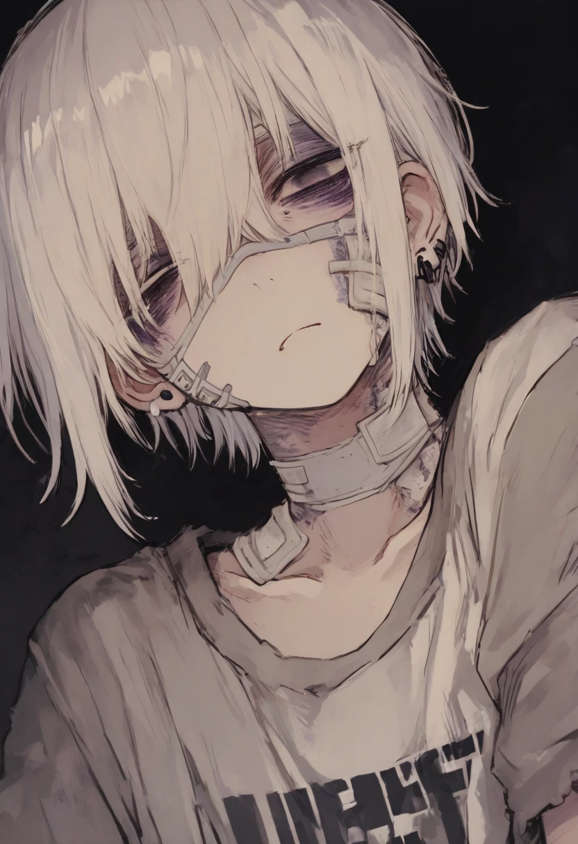 The chain locked the boy's hanging head, Upper body exposed, Anime style super high resolution, Super high quality red toes, Wounds on the chest, Sweat drips from the face, Eyes full of hatred, Weak and droopy legs