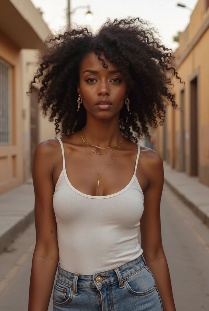 **Black woman dressed in neutral colored clothing, strolling through Brazil with long, curly hair, realisitic, super realisitic with large brown eyes, an oval face, Scrawny, perfect hands, and perfect, realisitic clothing, darkskin