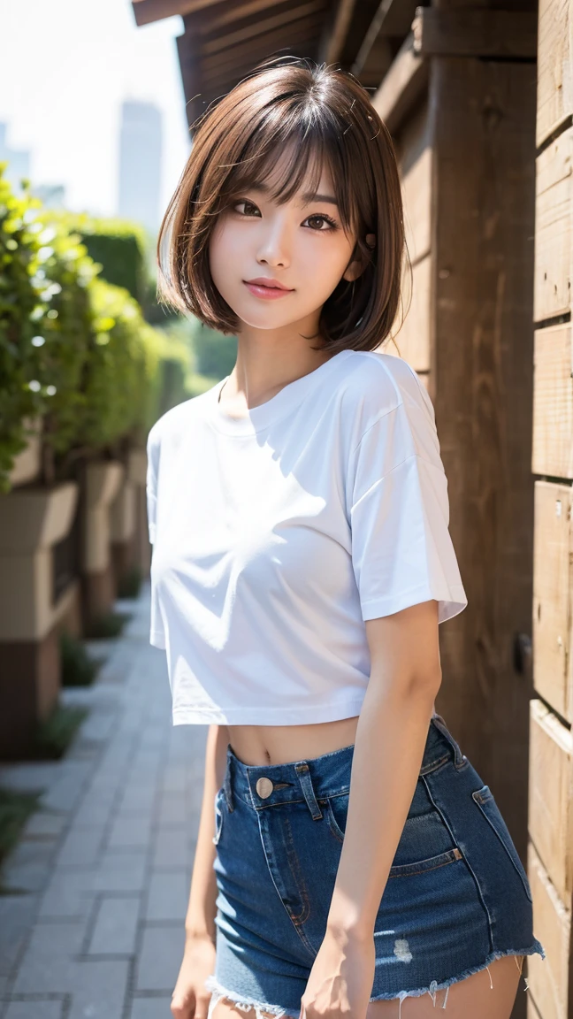 top-quality,masterpiece,Raw photography,8K,Top image quality,hight resolution, 18 years old Japanese female idol ,Beautuful Women,cute Japanese girls, Pretty Woman ,Beautiful face in every detail, aegyo sal ,small head, seductive smile ,Realistic human skin, pale skin ,cut model , Short hair ,bowl cut ,skinny body ,Sweat, t-shirts,rib ,(low rise pants,from side, put one's hand inside one's clothes ), navel focus, arched back,