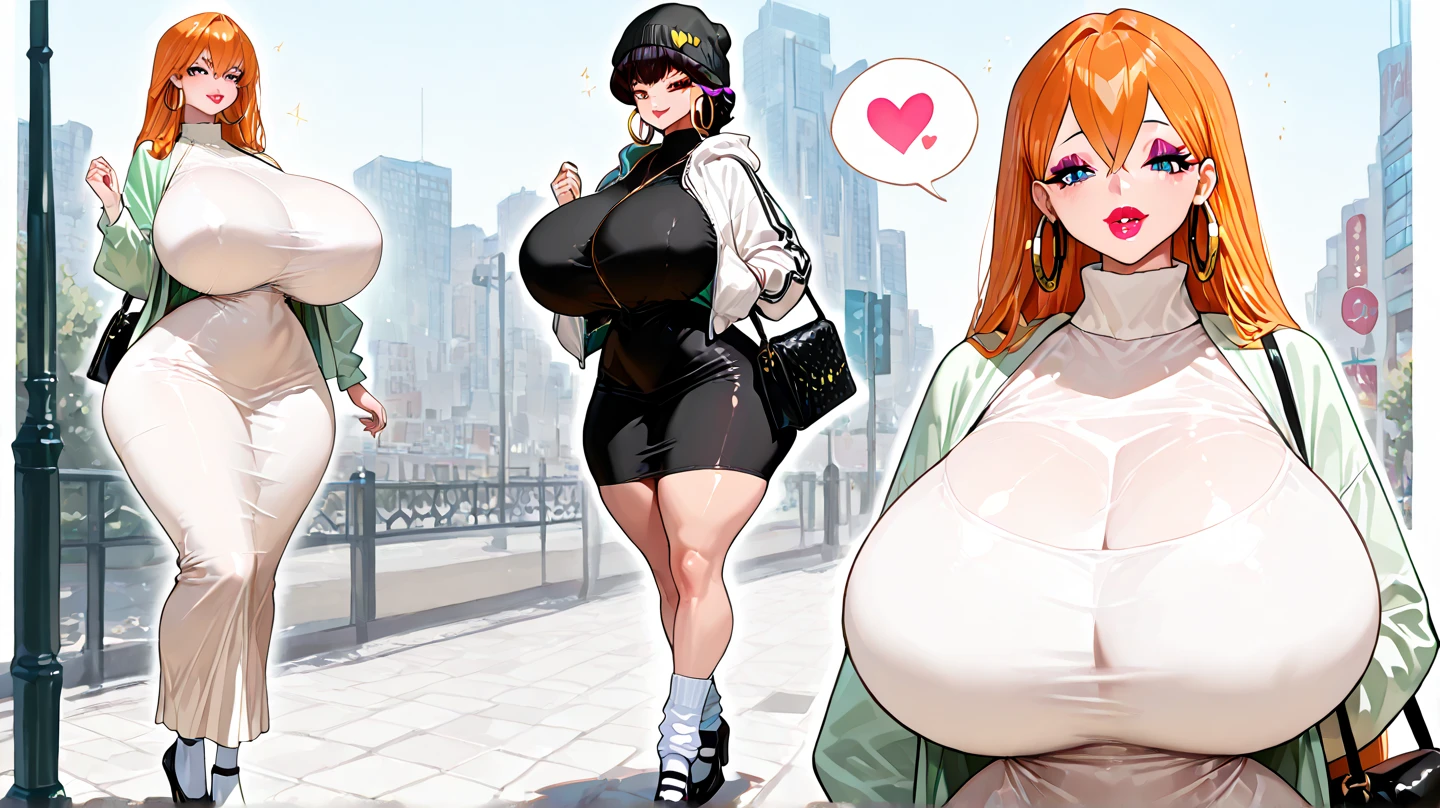 smile, Pencil_Dress, pink eyes, green hair, wide hips, gigantic breasts, cityscape, gigantic breasts, breasts out of dress, no bra, Pervertedly, shy, short green hair, stoplight, traffic, short height, 7 random women, group