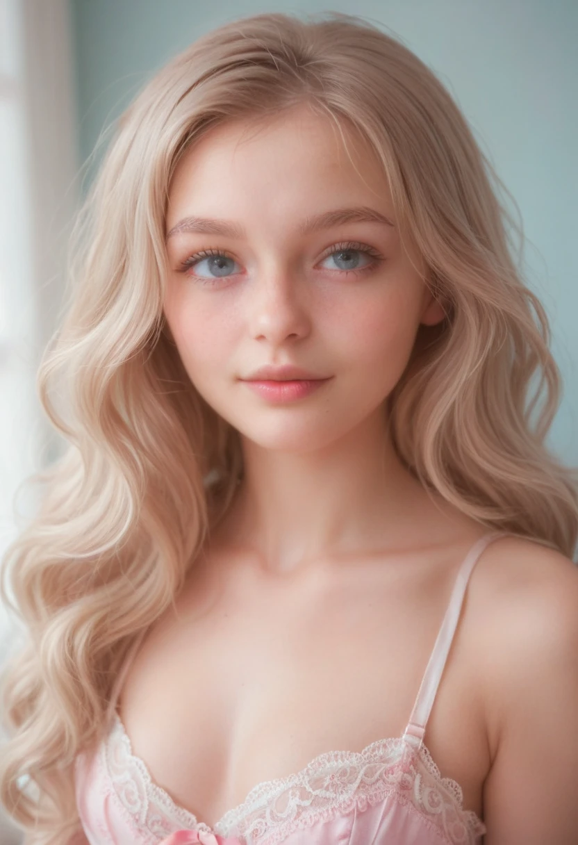 Blonde woman with long hair wearing a light pink dress and smiling, soft pale golden skin, portrait of Elle Fanning, pale skin, smooth and impeccable, soft and pale skin, soft pale white skin, Elle Fanning, pale skin suave natural, Elle Fanning), pale skin marfil, Elle Fanning as an android, pale skin y brillante, Hermosa pale skin, pale skin y clara!!, soft golden skin, curly hair, wavy hair
