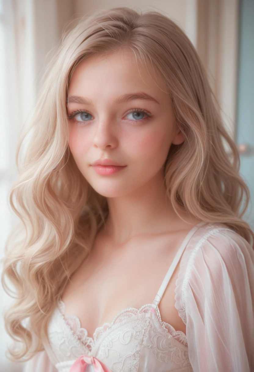 point 9 up, Ultrarrealisic, 8K, young woman 18 years from Russia, round face looking innocent like an angel, extremely pale skin, big round eyes light blue, big pink lips, pink cheeks, fringe white long wavy hair, white brows, soft light, in a room, with cute white lace dress full body shot