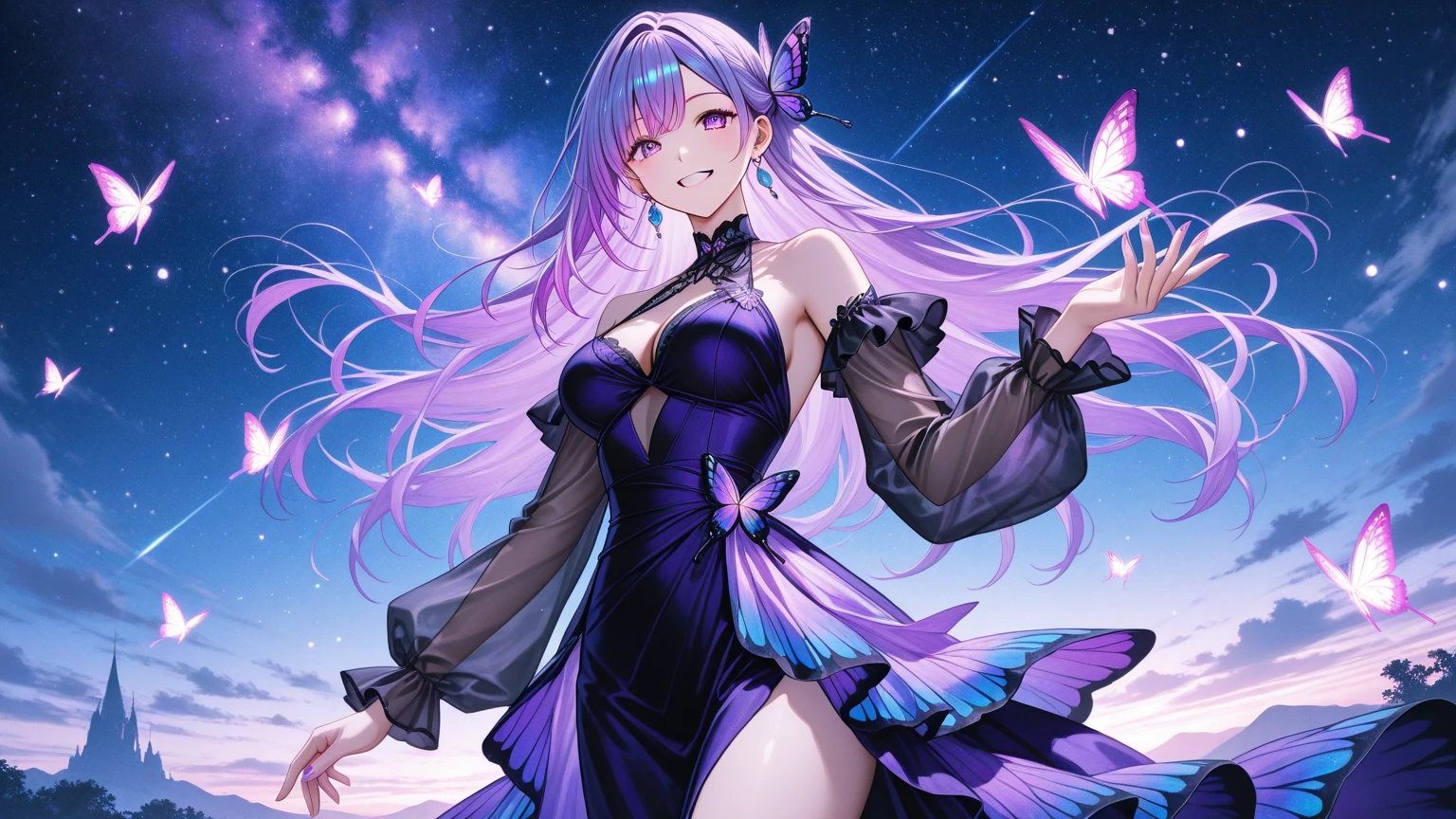 Anime girl with butterfly wings and purple dress in her hair, Seductive Anime Girl, anime style 4 k, nightcore, best anime 4k konachan wallpaper, anime moe art style, Trending on ArtStation pixiv, high definition anime art, high quality anime art, official anime artwork, official artwork, High quality anime art style, Beautiful anime girl