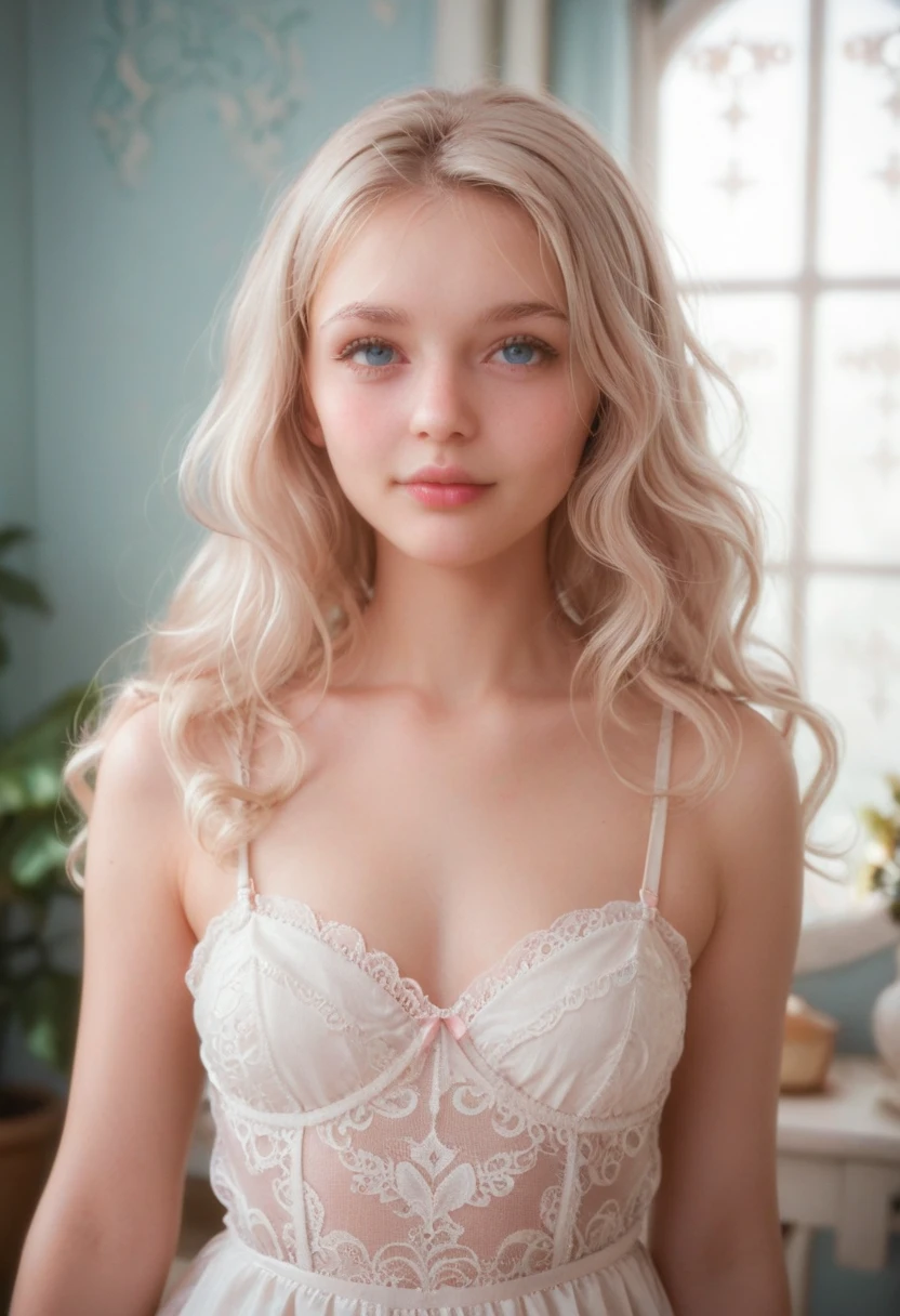 point 9 up, Ultrarrealisic, 8K, young woman 18 years from Russia, round face looking innocent like an angel, extremely pale skin, big round eyes light blue, big pink lips, pink cheeks, fringe white long wavy hair, white brows, soft light, in a room, with cute white lace dress at a garden