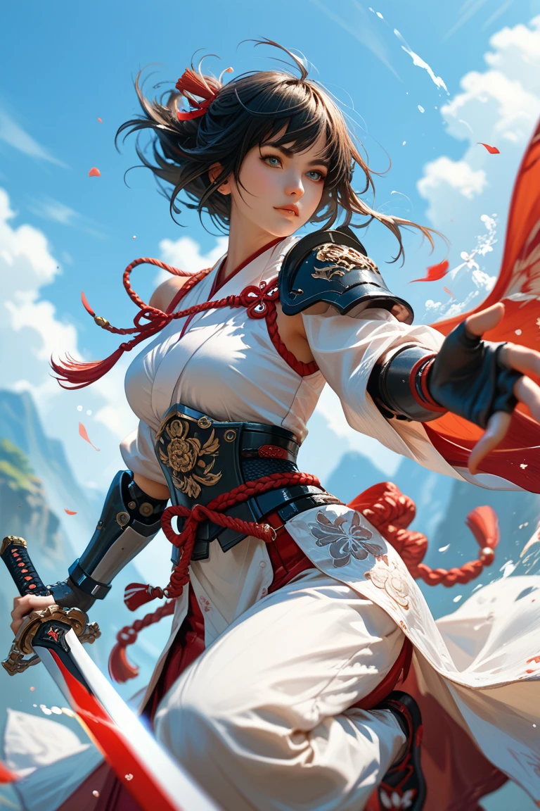 A professional portrait photo，masterpiece，top Quority，A Chinese female knight，18 years old，Black high ponytail short hair、Exquisite baby fat face，The skin is delicate and white，(((( There are knife wounds on the body，Tears and lots of blood))))，Plump and slightly fat，Cocked buttocks，（The protagonist holds a long knife），(((( Deep groove in crotch))))，(( Wearing red Tang Dynasty Mingguang armor))，(( No))，At Longmen Inn，4K，art station，Surrealism，complex细节，powerful，edge lighting，Diffraction grading，RTX，AI facial depiction，AI texture，Highly realistic photos，high definition，Uncensored，Super Analysis，Surrealism，concept art，grace，Highly detailed，complex，clear focus，Suitable depth of field，f/1.8，85mm，medium shot，medium shot拍摄，(((Professionally graded))),Bright, soft scattered light，(volumetric fog)，(( Delicate facial depiction))，