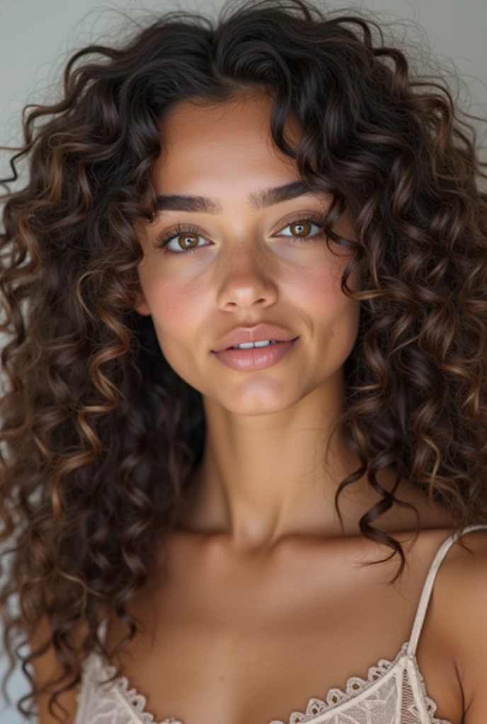 Mariana was a tall 1 woman, He was about 1,79m, and her body was like a model's. Her hair was quite curly, with a 3B curvature, her skin had a warm, tan tone, besides freckles. His eyes were an olive green color., her mouth was a perfectly harmonious size on her face and her nose was delicate, to make you envious. She was the prettiest in school