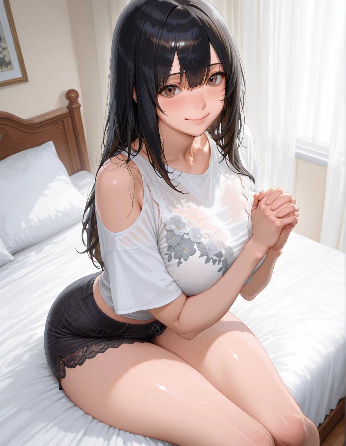 Two Girls , university student, (topless), Large Breasts, (Pull up your skirt, micro thong), Upper Body、necklace、smile, shy, Bedroom, 