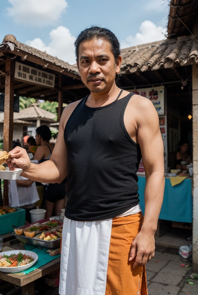 uncle,56 years old,There is fat,Selling vegetables at the wet market,Shirtless,greasy,Wear shorts,Hands on head