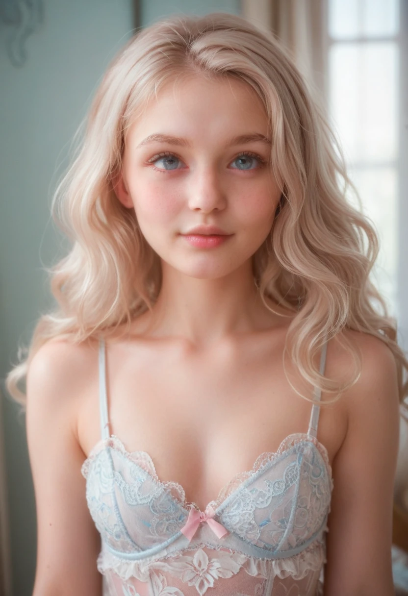 point 9 up, Ultrarrealisic, 8K, young woman 18 years from Russia, round face looking innocent like an angel, extremely pale skin, big round eyes light blue, big pink lips, pink cheeks, fringe white long wavy hair, white brows, soft light, in a room, with cute white lace dress full body shot