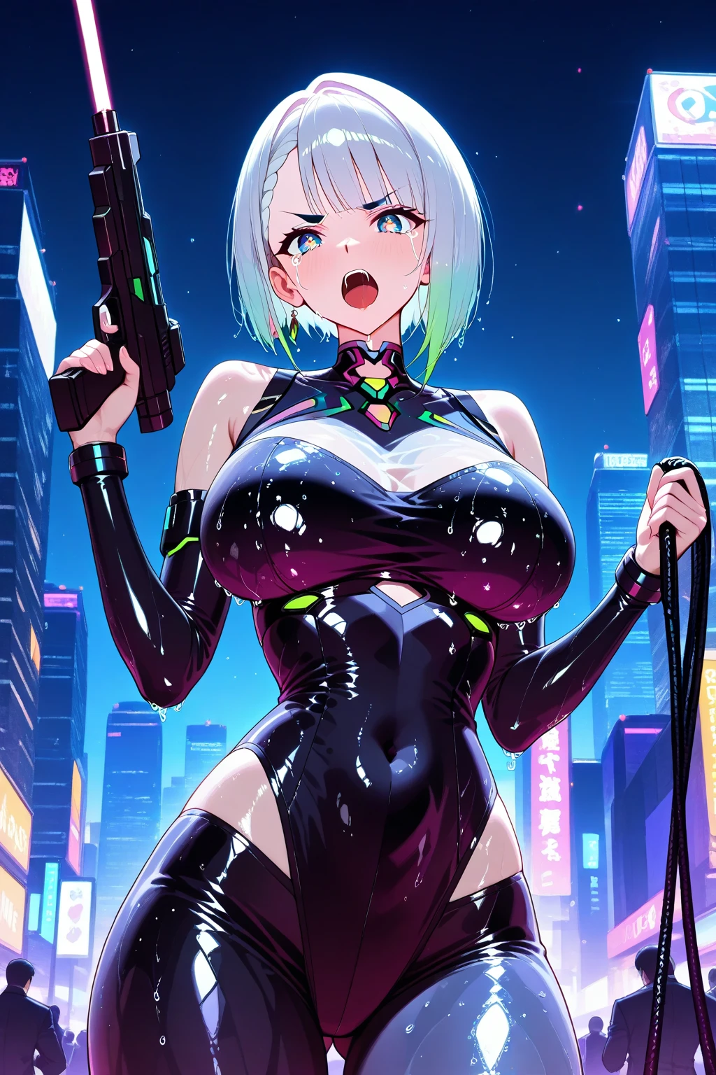 anime dark, Adult woman with short white hair wearing a biker clothing, purple eyes and a black patch over the left eye, With big breasts, delete