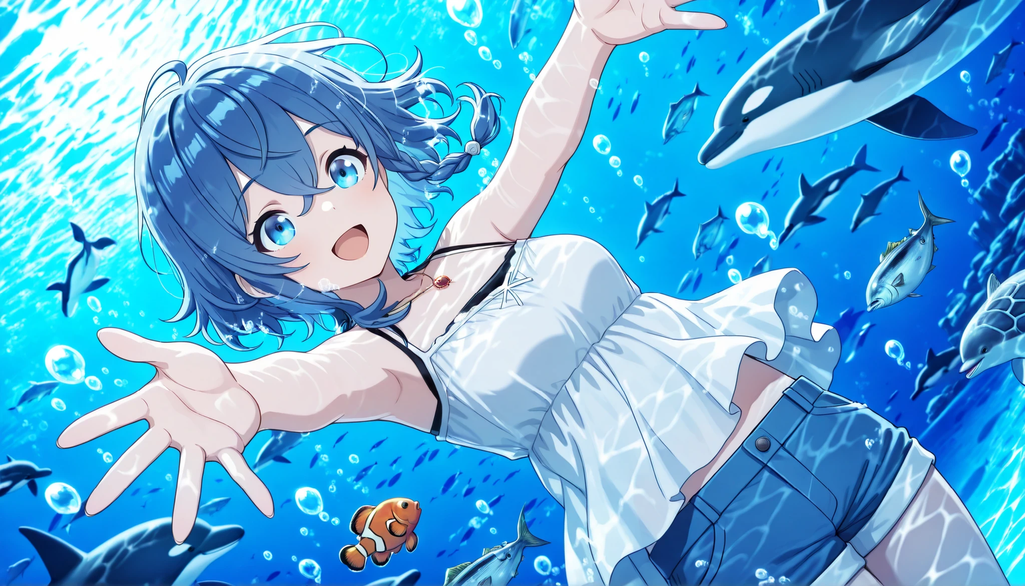 best quality, high quality,amazing quality,highres, absurdres, newest,anime screencap,anime coloring,highly detailed illustrations,perfect eyes,detail1eye,well-defined fingers,anime style,perfect anatomy, perfect fingers,5 fingers,
BREAK 1girl,soro,misakino kukuru,ahoge,short hair,shiny hair,blue hair,braid,hair between eyes,small breasts, blue eyes jewelry,necklace,white camisole,medium breasts,blue shorts,short shorts,shorts rolled up, (happy:0.6),(excitement:0.7),(sad smile:0.9), moist eyes,open mouth,upper body, (face close up:1.2),
BREAK
lots of deep sea fish,(large dolphin:1.2),penguin,orca,sea turtle,shark,manta ray, seahorse,clownfish,octopus,squid,ocean sunfish,pufferfish,mackerel,horse mackerel,tuna,bonito,
cinematic lighting,beautiful fish,detailed background,Jeddtl02,
ailand,waterrefraction, floating hair, water, ((blue theme,light colors)),deep sea,from above,on back, dim lighting, darkness,shadow,undersea,submerged, air bubble, dress,outstretched arms, dynamic pose, perspective, dutch angle,
