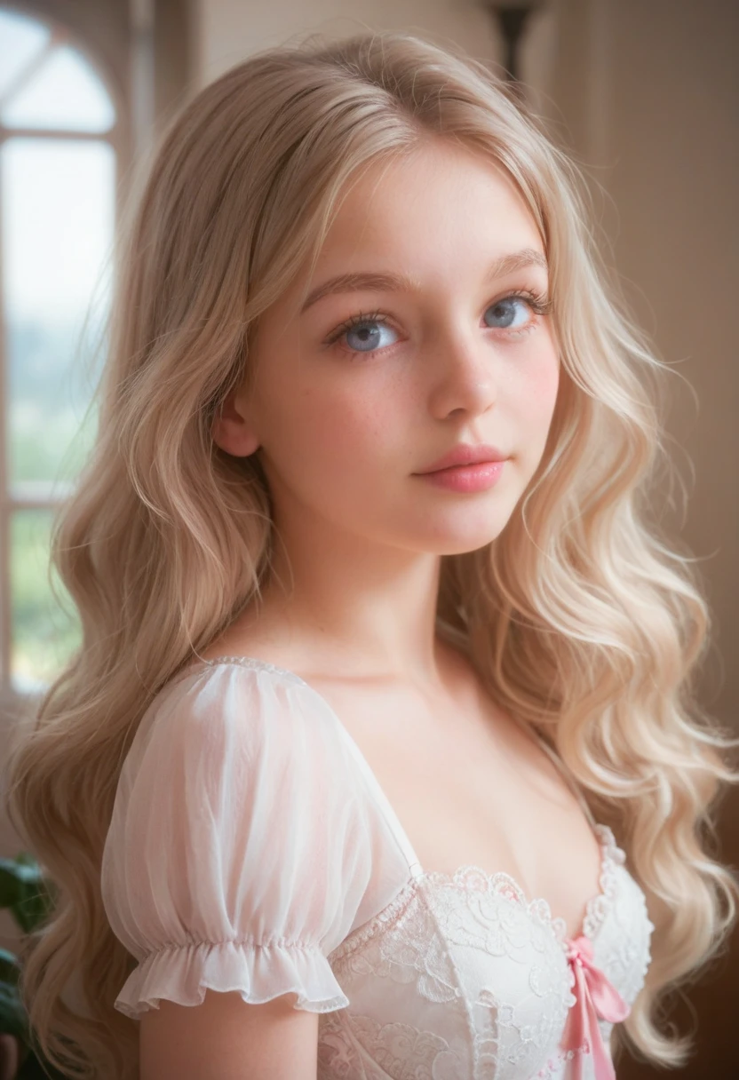 point 9 up, Ultrarrealisic, 8K, young woman 18 years from Russia, round face looking innocent like an angel, extremely pale skin, big round eyes light blue, big pink lips, pink cheeks, fringe white long wavy hair, white brows, soft light, in a room, with cute white lace dress at a tulip garden