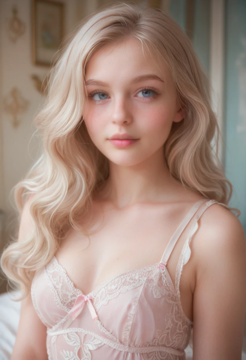 point 9 up, Ultrarrealisic, 8K, young woman 18 years from Russia, round face looking innocent like an angel, extremely pale skin, big round eyes light blue, big pink lips, pink cheeks, fringe white long wavy hair, white brows, soft light, in a room, with cute white lace dress at a tulip garden
