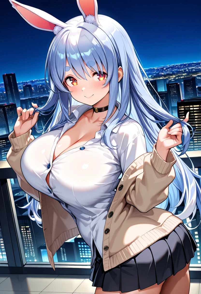 MILF, silver blueish hair, hime cut, long hair, pink bodycon, J cup breast, thicc thigh, hourglass figure, nighttime city, clear view, charming smile, pink love shape glasses