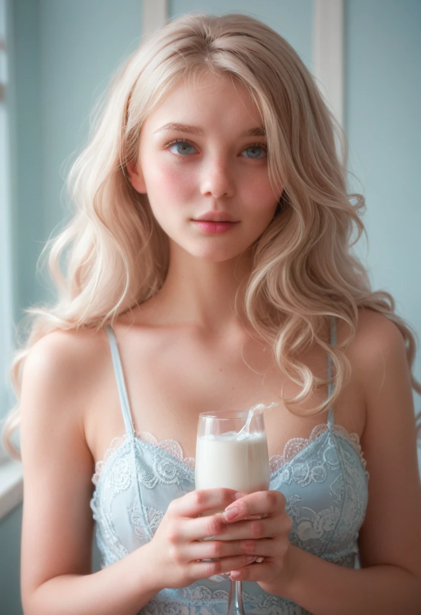 point 9 up, Ultrarrealisic, 8K, young woman 18 years from Russia, round face looking innocent like an angel, extremely pale skin, big round eyes light blue, big pink lips, pink cheeks, fringe white long wavy hair, white brows, soft light, in a room, with cute white lace dress drinking a glass of milk
