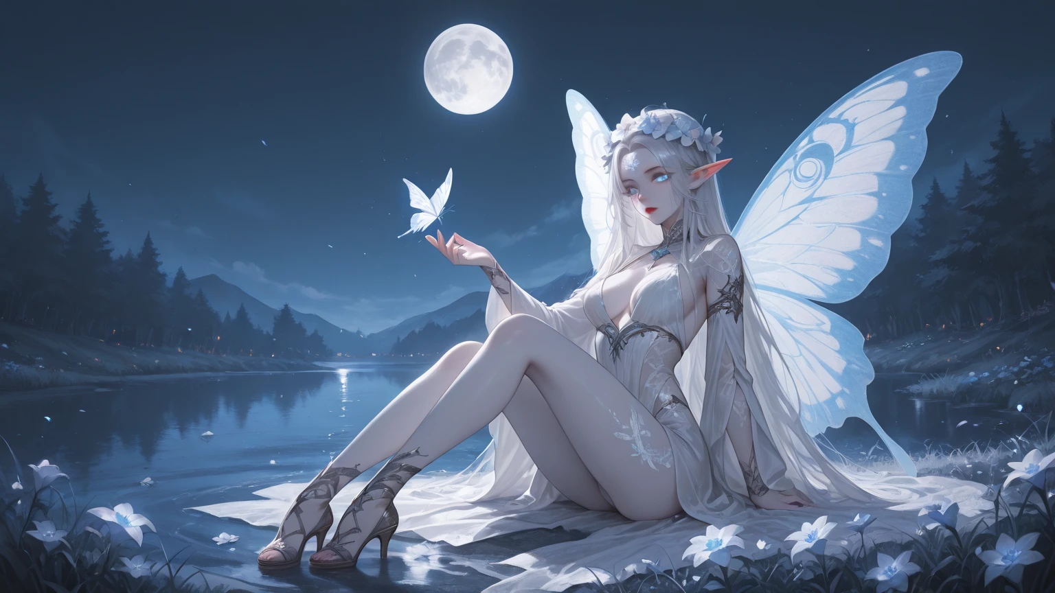 ((best quality)), ((masterpiece)), (detailed), alluring succubus, ethereal beauty, perched on a cloud, (fantasy illustration:1.3), enchanting gaze, captivating pose, delicate wings, otherworldly charm, mystical sky, (Luis Royo:1.2), (Yoshitaka Amano:1.1), moonlit night, soft colors, (detailed cloudscape:1.3), (high-resolution:1.2)