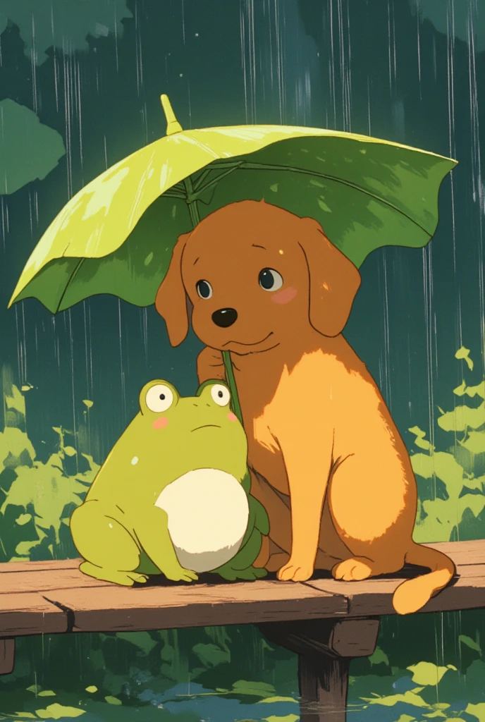 Create a vibrant and detailed image in the style of Studio Ghibli, inspired by "Princess Mononoke." The scene is set inside a cozy tent at night, with rain softly pattering against the tent's surface. The focus of the image should be a large, close-up view of a miniature dachshund's face, showing a calm and chill expression. Alongside the dachshund, include a woman with a serene demeanor, perhaps sitting or lying next to the dog, enjoying the peaceful atmosphere. Outside the tent, the view extends to a tranquil lake, with the rain creating gentle ripples on its surface. The colors should be rich and vivid, capturing the magical and serene essence of the night. The surrounding nature should be lush and detailed, evoking the enchanting landscapes from "Princess Mononoke." The overall composition should create a harmonious blend of the cozy, rain-soaked tent, the miniature dachshund's serene face, the woman's calm presence, and the picturesque, tranquil lake at night.