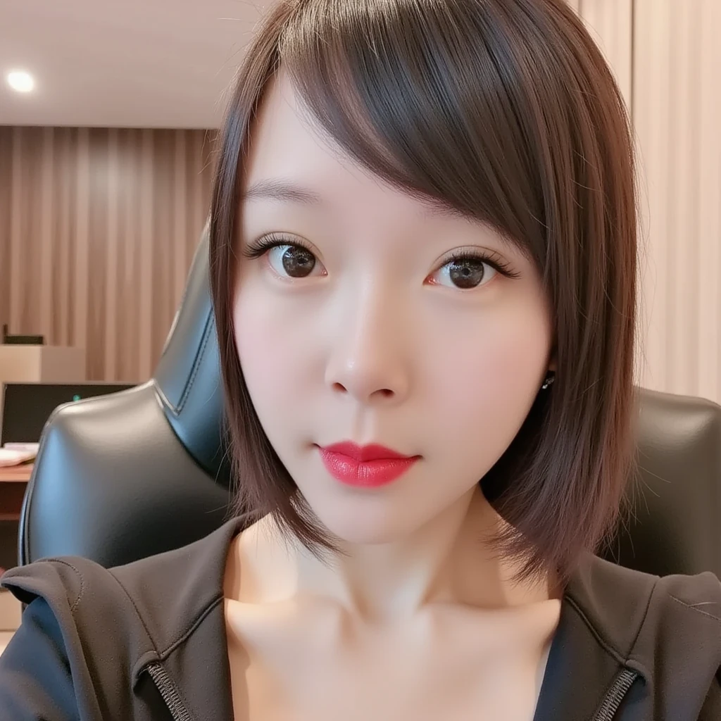 There was a woman wearing a black shirt and a watch on her wrist., Short Hair Hair, girl cute-fine-face, Himecut, chiho, young cute wan asian face, 8k selfie photograph, sakimi chan, taken with canon eos 5 d mark iv, Short straight hair, with round face, bob cut, young adorable Korean face