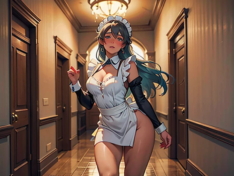 (Full body photo:2.0), (An 18-year-old Elf girl:1.5), (absurdly large breasts:1.5), (she's wearing pantless black maid attire with white apron:1.3), (she's inside a crowded train doing sexy poses:1.5), (extremely tight outfit on her body/very short outfit and pquena:1.5), (she has purple hair:1.3),  (she has blue eyes:1.3), (She's/reddened cheeks:1.5), anime, anime, Realism, 16k, best quality, high details, UHD, masterpiece