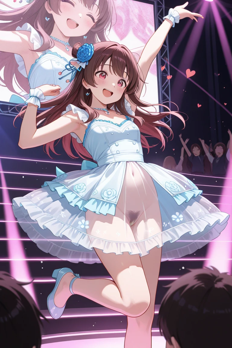 adult woman、exact number of fingers、Exact number of legs、Exact number of arms、bangs, ribbon ponytail, brown hair, (blush:1), (put one hand in your panties:1.8), fingering, (pussy juice:1.1), cum in mouth, (A woman is holding a microphone and is about to sing:1.5)、white and navy idol costume、That costume includes a navy blue idol-style corset., That costume has a ribbon on the collar.、The costume covers the shoulders, sides, upper arms, and arms., That costume only opens wide at the chest.、high socks、white idol style skirt, (Detailed and luxuriously decorated underwear:1.3), Ribbon at collar, (pink panties with lots of lace:1.3), white lace bra:1.2), sexy underwear, Thighhighs、 beautiful big breasts, (erect nipples:1), the skirt is turned up、highest quality, High resolution, (detailed and beautiful eyes:1.6), highly detailed face, perfect lighting, Very detailed CG, (perfect hands, perfect anatomy),embarrassed expression、The expression that you are holding back from going to the toilet, (sexual pleasure expression:1.4), (expression of agony:1.2)、close your eyes、sexy look、look upward、mouth half open、Climax、(live stage、a lot of spectators:1.3)、whole body