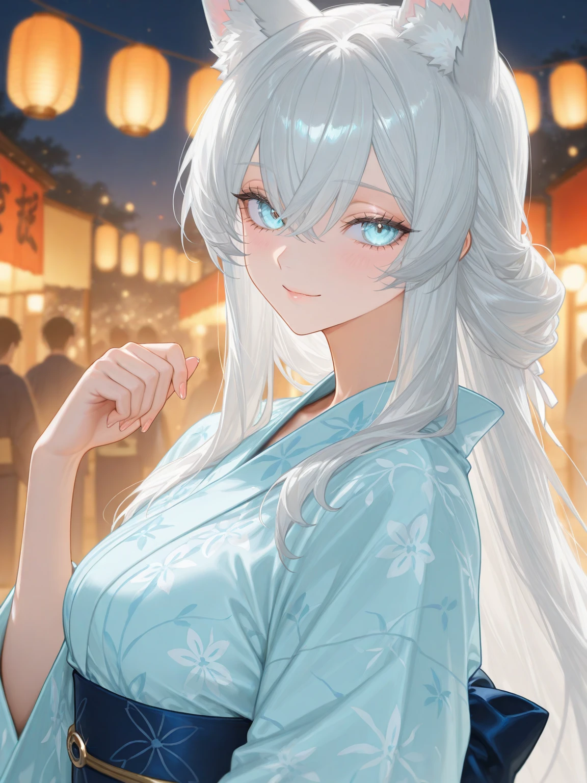 ((One personの女性)), Beautiful Face,((smirk)),((Wink:1.9)),((Touch your lips)), Laugh with your mouth wide open,((Bright red cheeks:1.4)),Shiny red lips,night,rooftop,Festive decorations,You can see the ocean, firework,Laughing with your mouth open,Glossy pink lips, lighting,((Anime style background)),masterpiece, Highest quality, so beautiful,up to date, Complex details, (Pink long nails),(ring),(bracelet),(choker),AI-generated, Complex,High resolution, Highest quality, super high quality,3D Images、3D Images,One person,Long white hair,High Ponytail,(Pale eyes),Anime woman posing for a photo, ((fine grain、White-blue colorful eyes、Shining Eyes:1.4)),(Squint your eyes:1.1),a hyperRealistic , hyperRealistic , Realistic,Anime woman with long white hair, Smooth anime CG art, A woman in a colorful kimono with gold embroidery, (Black long sleeve kimono),Red floral pattern,Long flower hair ornament,big floral earrings,Mature Body,(Big Breasts:1.1),expensive,Abdominal muscles,Tight waist,(Zoom up to face:1.7),Shooting from diagonally below